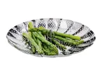 Fresh green asparagus spears in a stainless steel vegetable steamer basket.