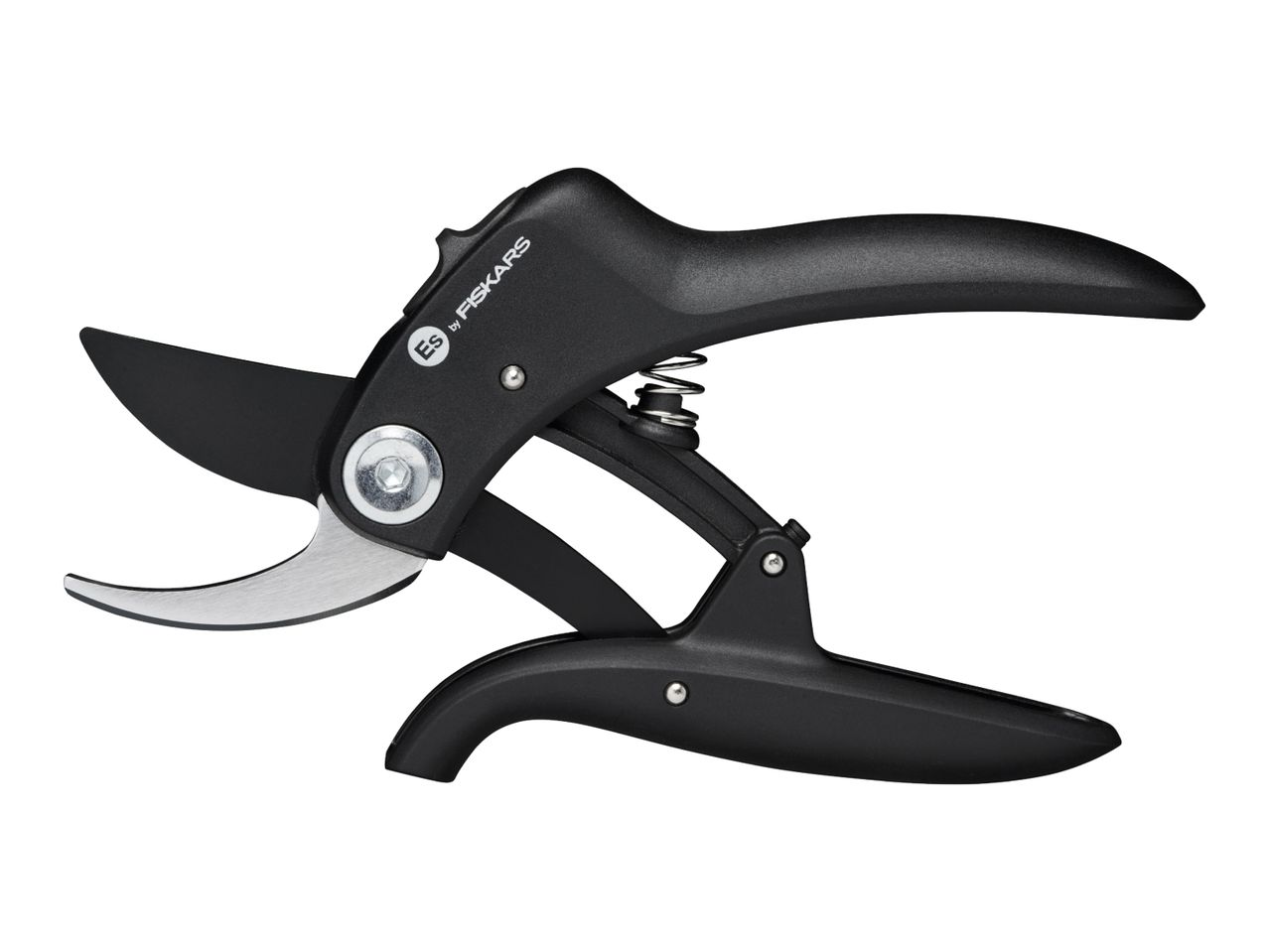 Black bypass garden pruner with silver blades and a spring mechanism
