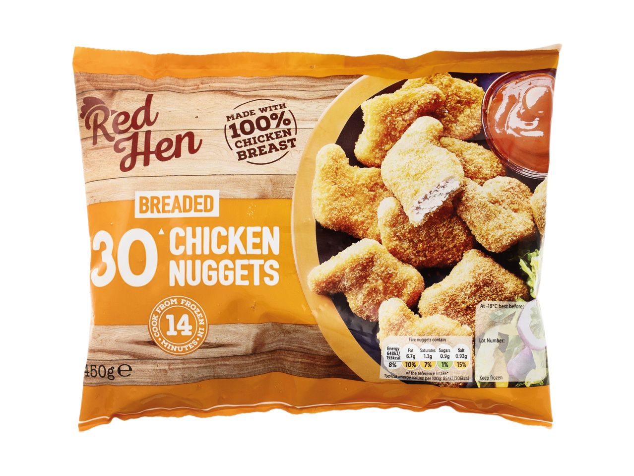 A bag of breaded chicken nuggets, made with 100% chicken breast, cook from frozen in 14 minutes.