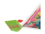 Diamond painting kit with pink gems in a green tray, a pink pen, and a red wax square.