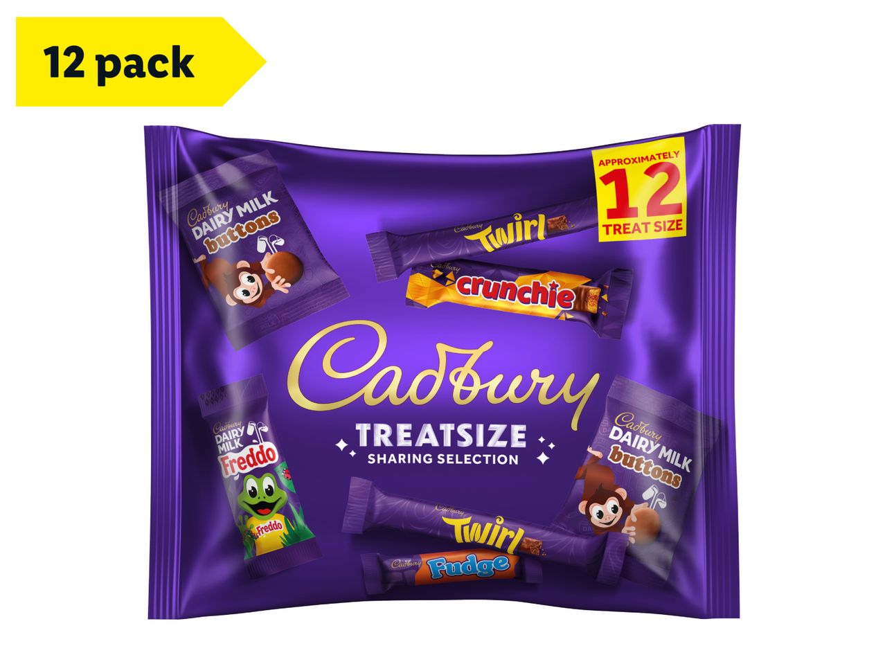 A 12-pack of assorted chocolate treat-size bars and buttons in a purple sharing bag.