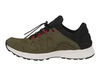 Khaki green and black athletic shoe with red accents and a white sole