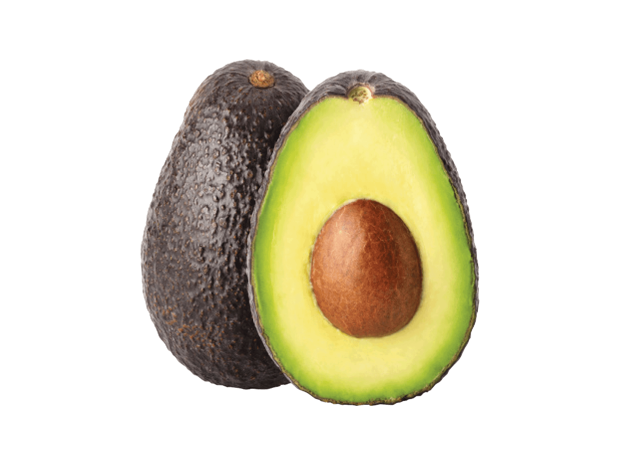 Kaks avokaadot, üks terve ja teine pooleks lõigatud, seemnega