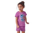 Girl wearing a purple Stitch pajama set.