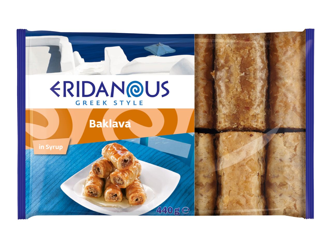Eridanous Greek Style Baklava in Syrup, 440g, with a Greek island scene background