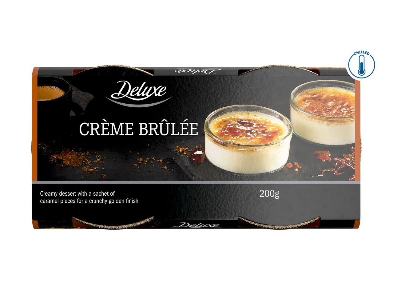 Crème brûlée dessert with caramel pieces, 200g, chilled.