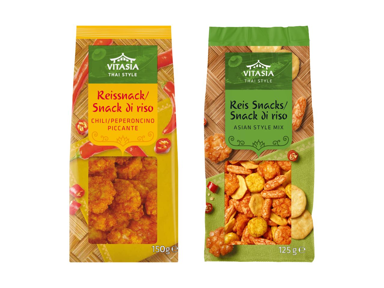 Zwei Vitasia Reis-Snacks-Packungen: eine Chili-Variante, die andere ein asiatischer Mix.