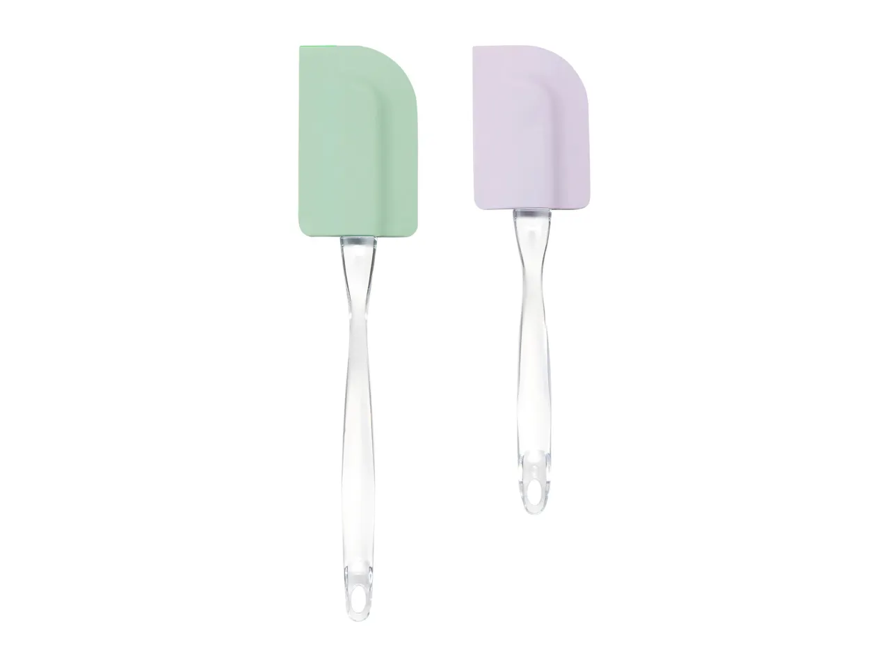 Two silicone spatulas, one light green and one light purple, with stainless steel handles.