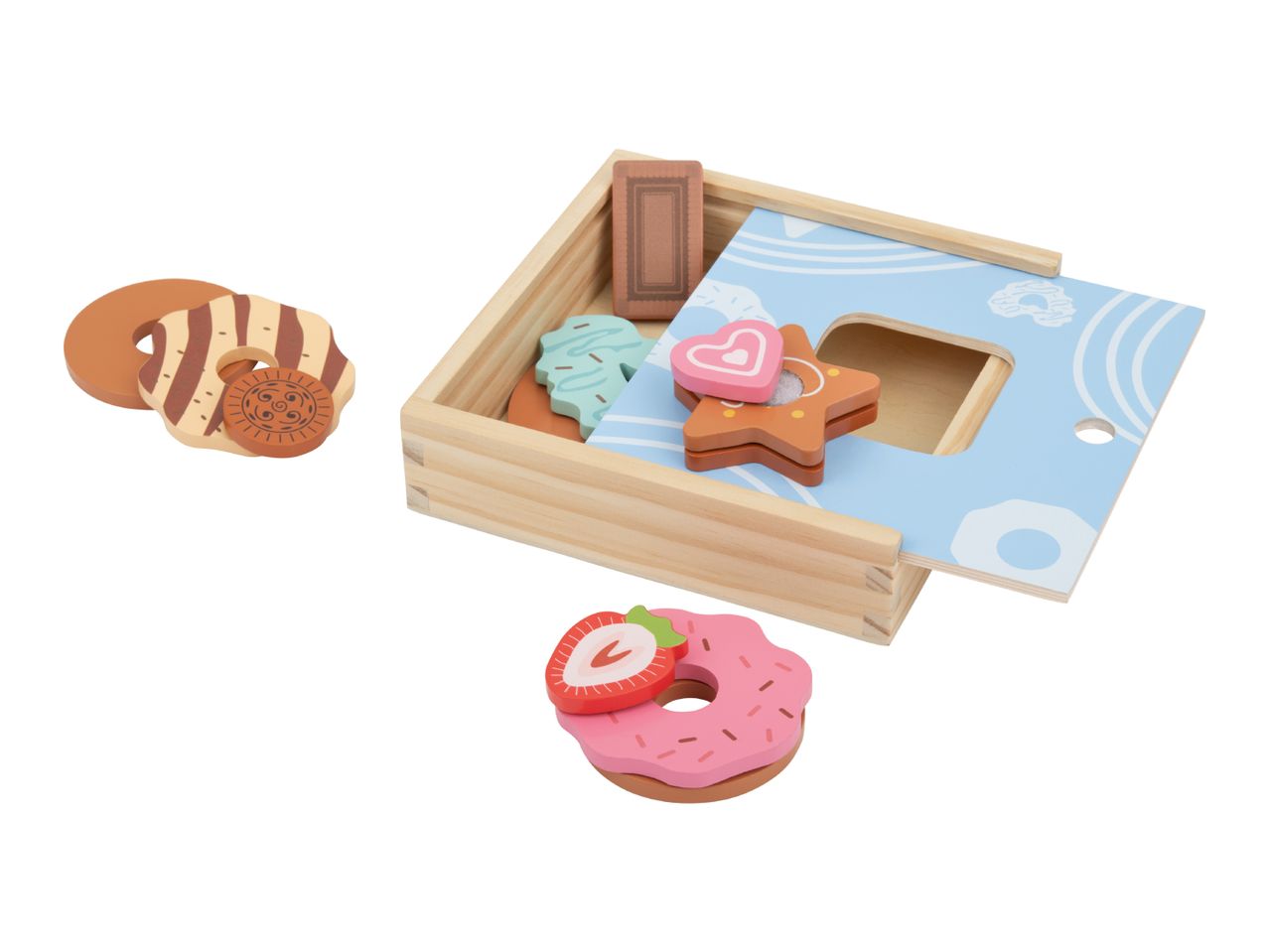 Wooden toy donuts and cookies in a light blue box with a shape sorter lid.