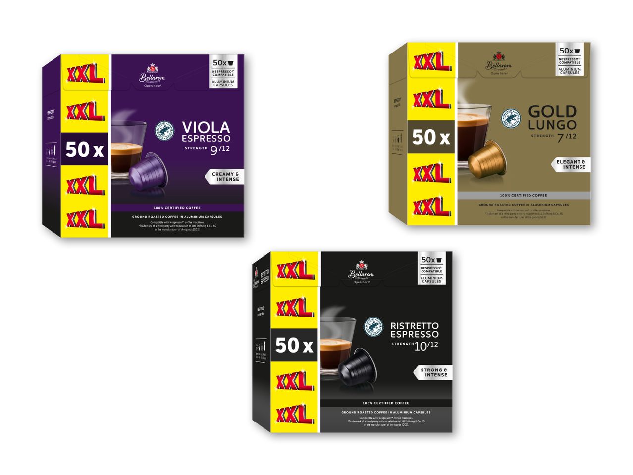 Tre pakker Bellarom Nespresso-kompatible kaffekapsler: Viola Espresso, Gold Lungo og Ristretto Espresso.