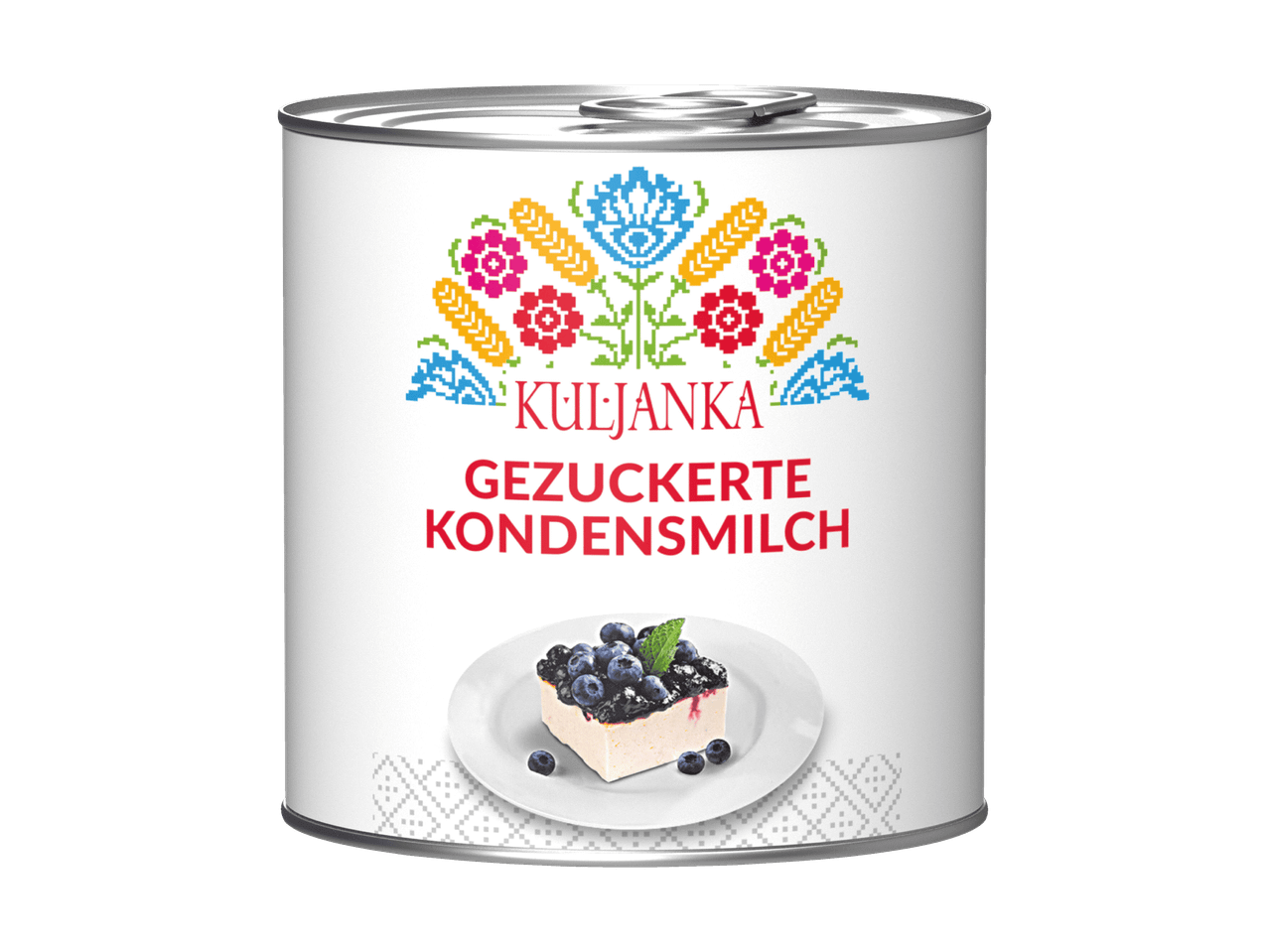 Dose Kuhjanka gezuckerte Kondensmilch mit Kuchenbild.