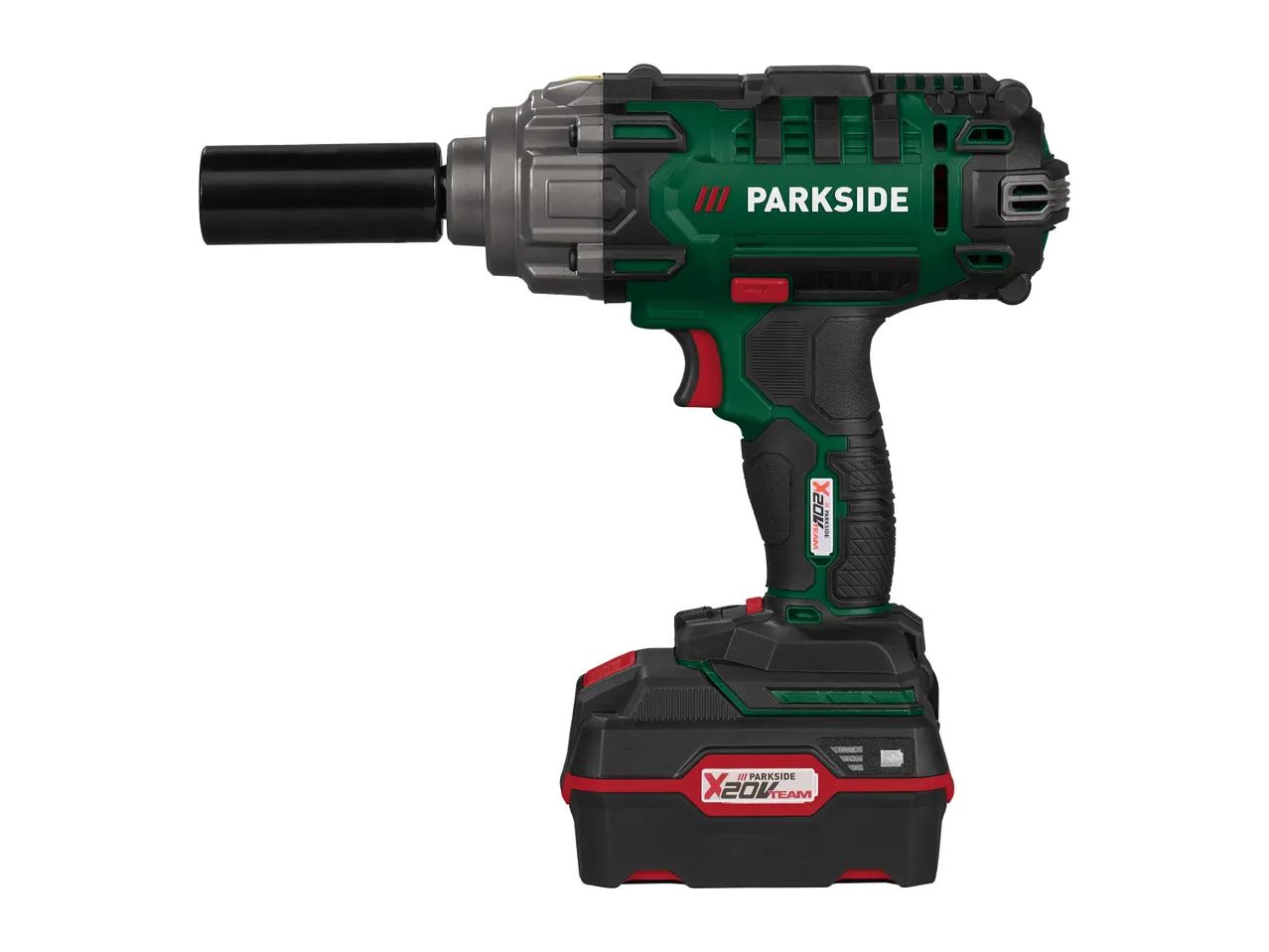 PARKSIDE X 20V TEAM cordless impact wrench with a black socket attached