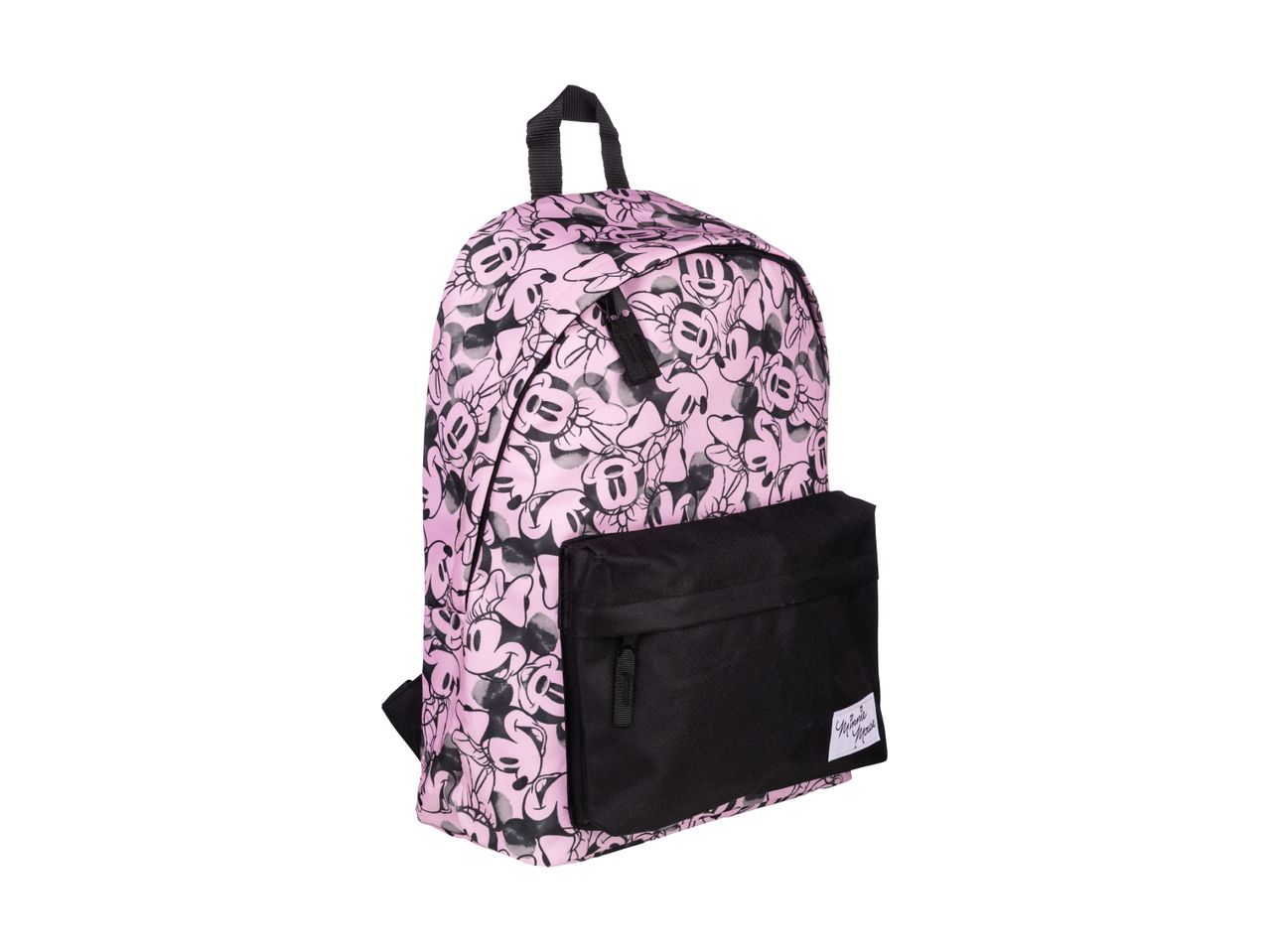 Pink backpack with black Minnie Mouse pattern and a black front pocket with a white label.