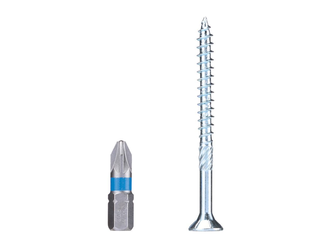 A silver screw and a screwdriver bit with a blue band on a white background.