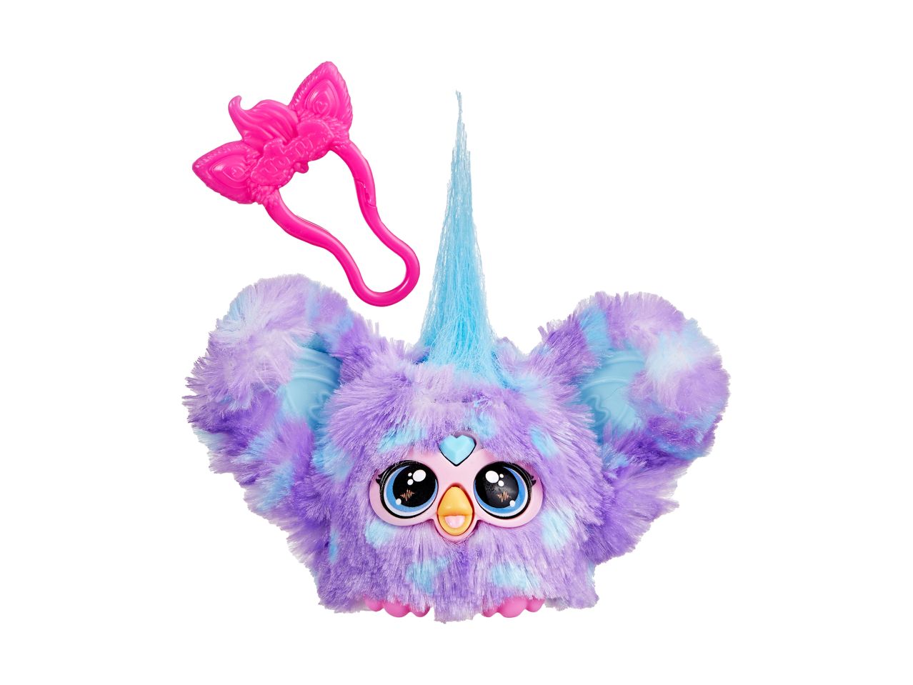 Lilla og blå Furby plyslegetøj med lyserødt hårbånd.