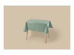 Rectangular table with a shiny, light green tablecloth on a beige background.