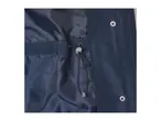 Close-up of a navy blue jacket interior with a drawstring and snap buttons.