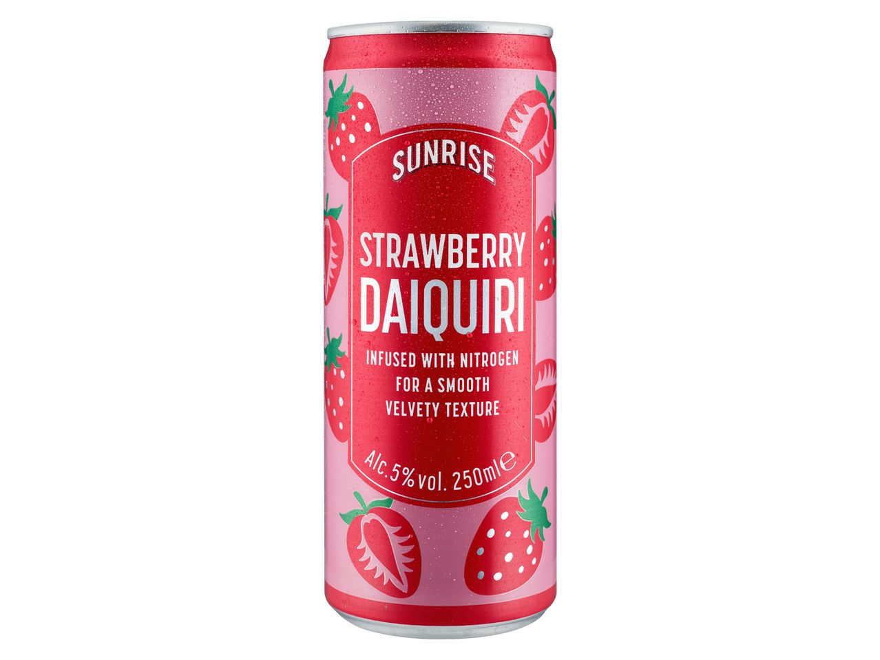 A can of Sunrise Strawberry Daiquiri, infused with nitrogen for a smooth velvety texture.