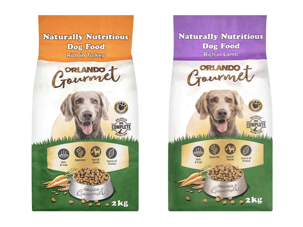 Two bags of Orlando Gourmet dog food, one turkey and one lamb flavored.