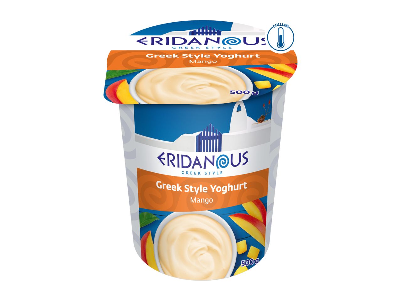 Greek style mango yoghurt in a 500g tub, with a chilled icon.