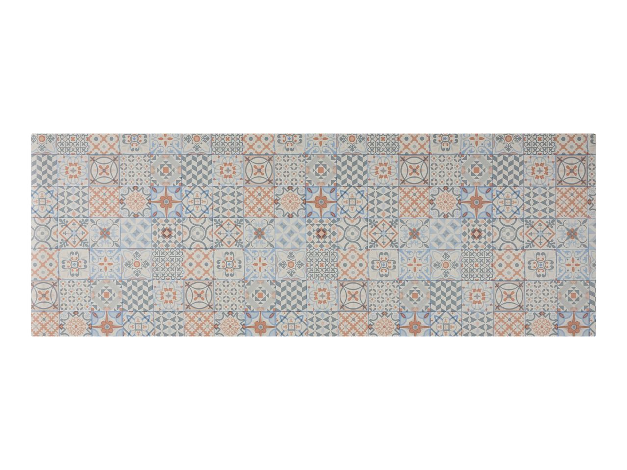 Decorative floor tiles with various geometric and floral patterns in blue, grey, and orange.