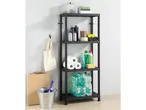 Black plastic shelving unit holding cleaning supplies and other household items.