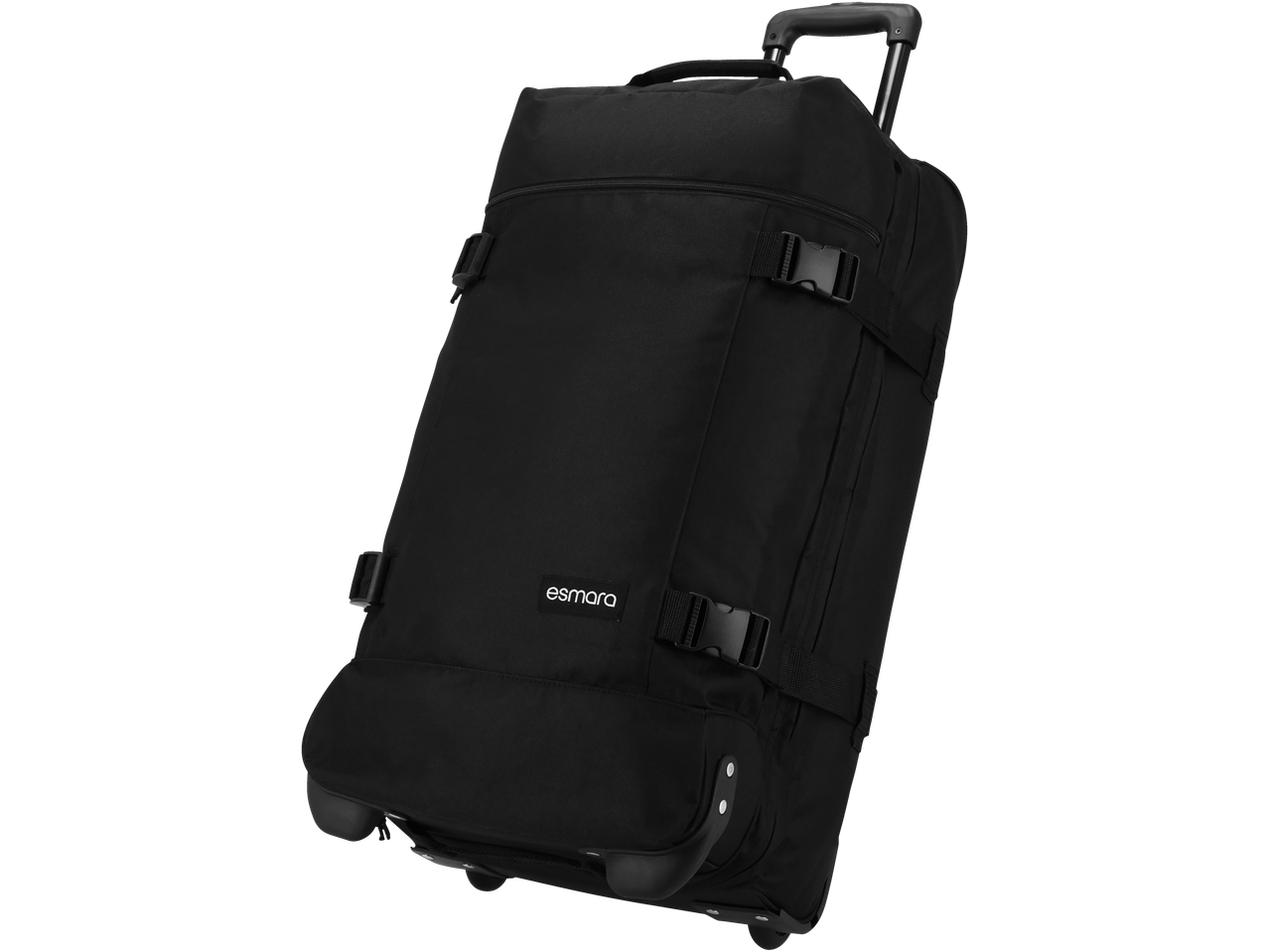 Black soft-sided rolling duffel bag with an extendable handle and compression straps.