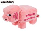 A pink plush pig toy with pixelated features, inspired by a popular block-building video game.