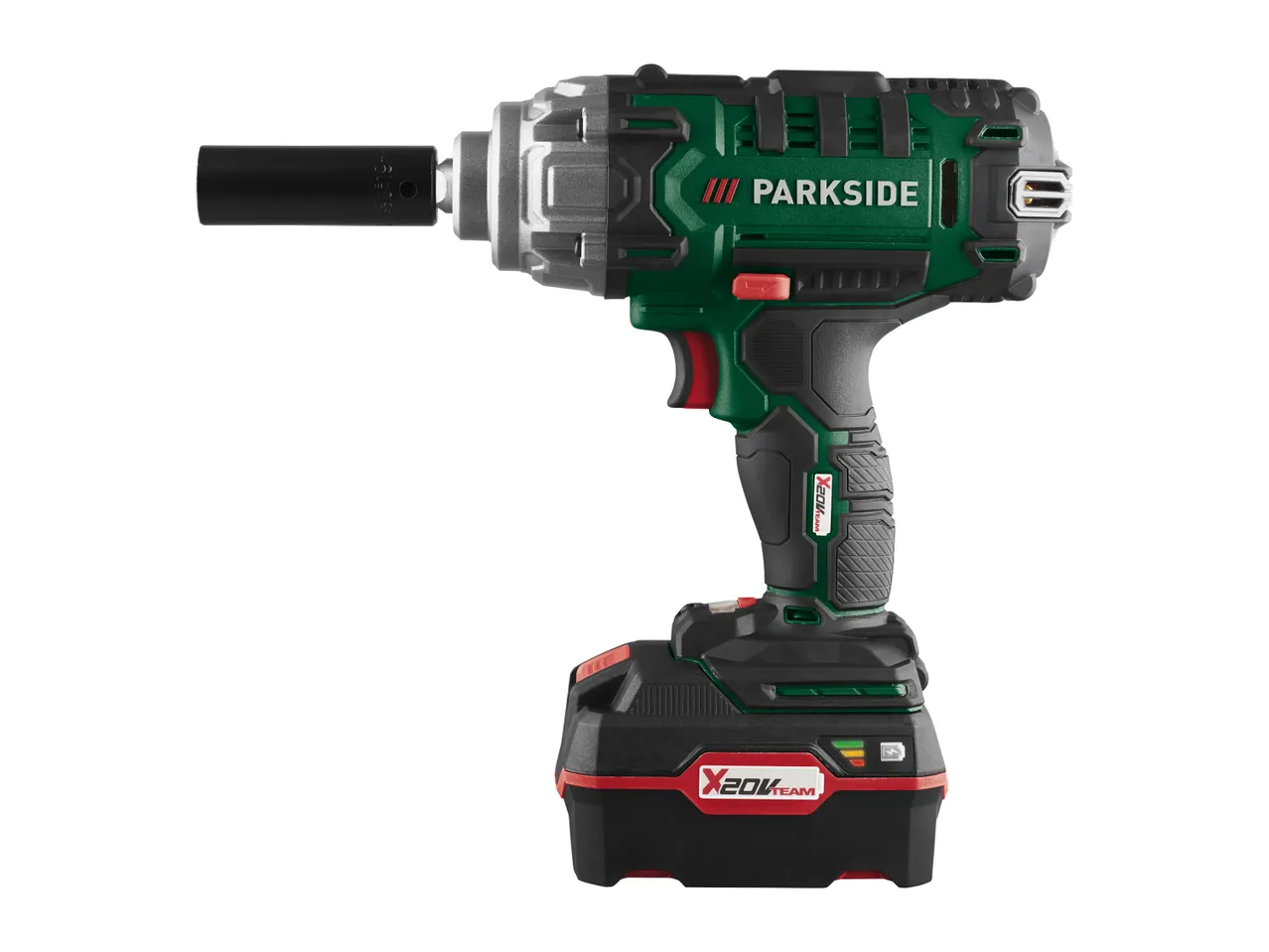 A green and black Powerplus cordless impact wrench with battery.