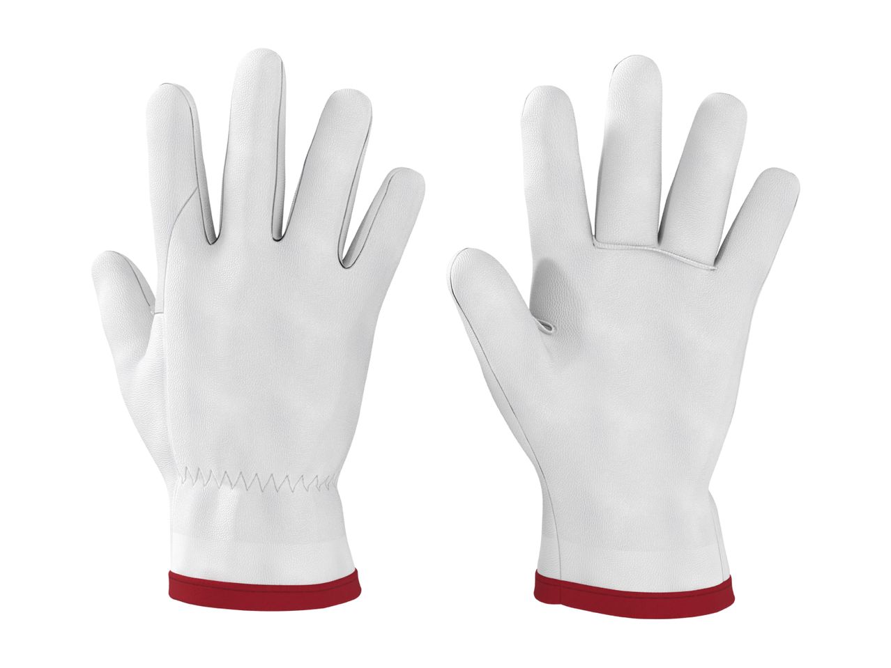 Pair of white work gloves with red cuffs, front and back view.