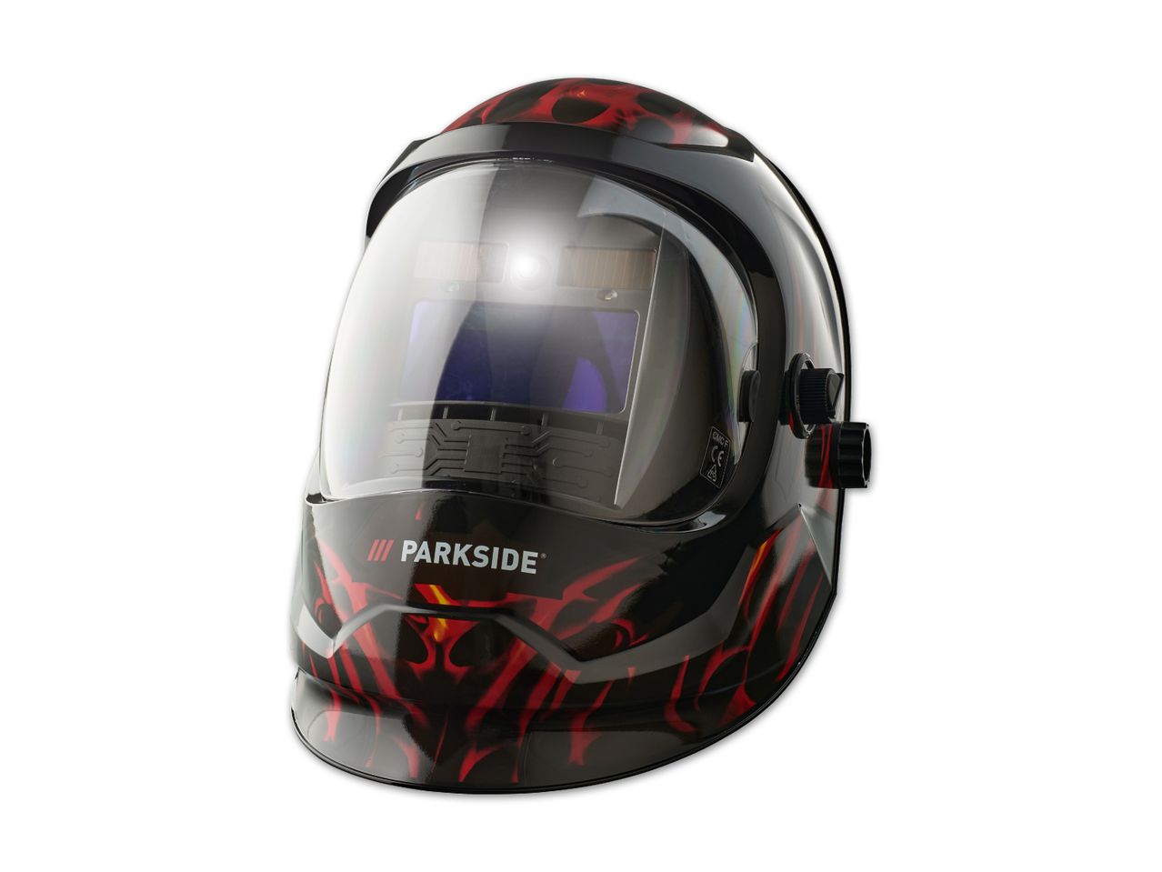 Eine Parkside Schweißmaske mit Flammen-Design.
