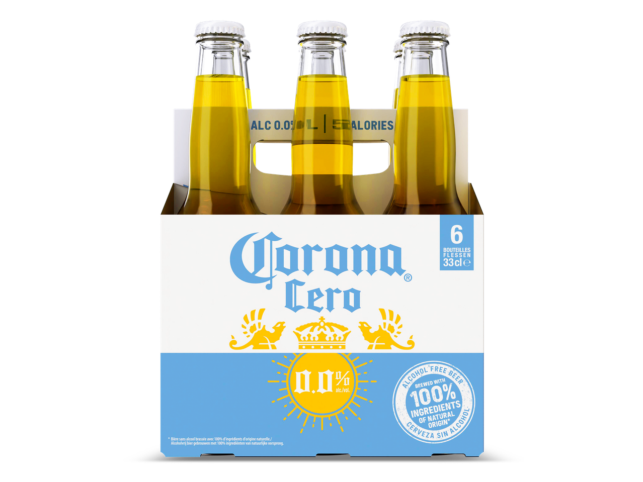 Een sixpack alcoholvrij bier met 0,0% alcohol en 100% natuurlijke ingrediënten.