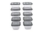 Two stacks of clear square food storage containers with dark gray lids.