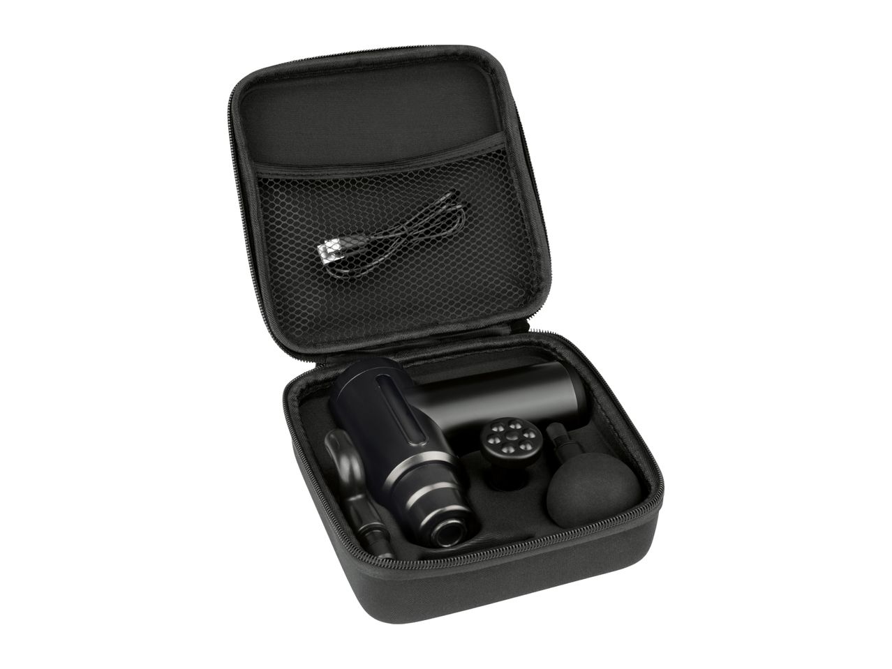 Black massage gun kit with various attachments and a charging cable in an open case