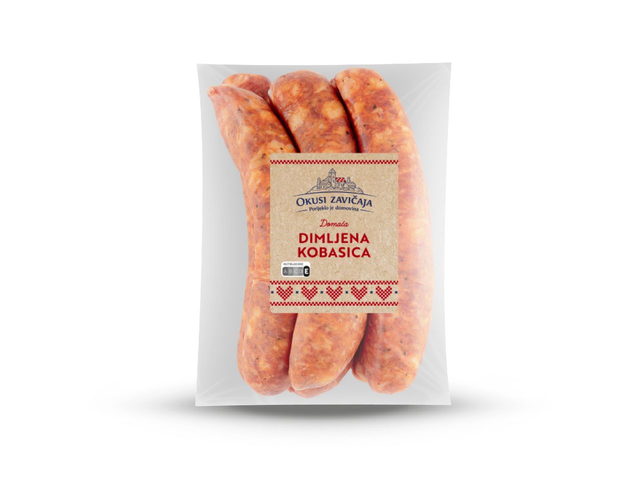 Pakiranje dimljene kobasice s etiketom 'Okusi Zavičaja' i tradicionalnim uzorkom.