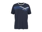 Navy blue men's t-shirt with a white and blue striped chevron pattern on the chest.
