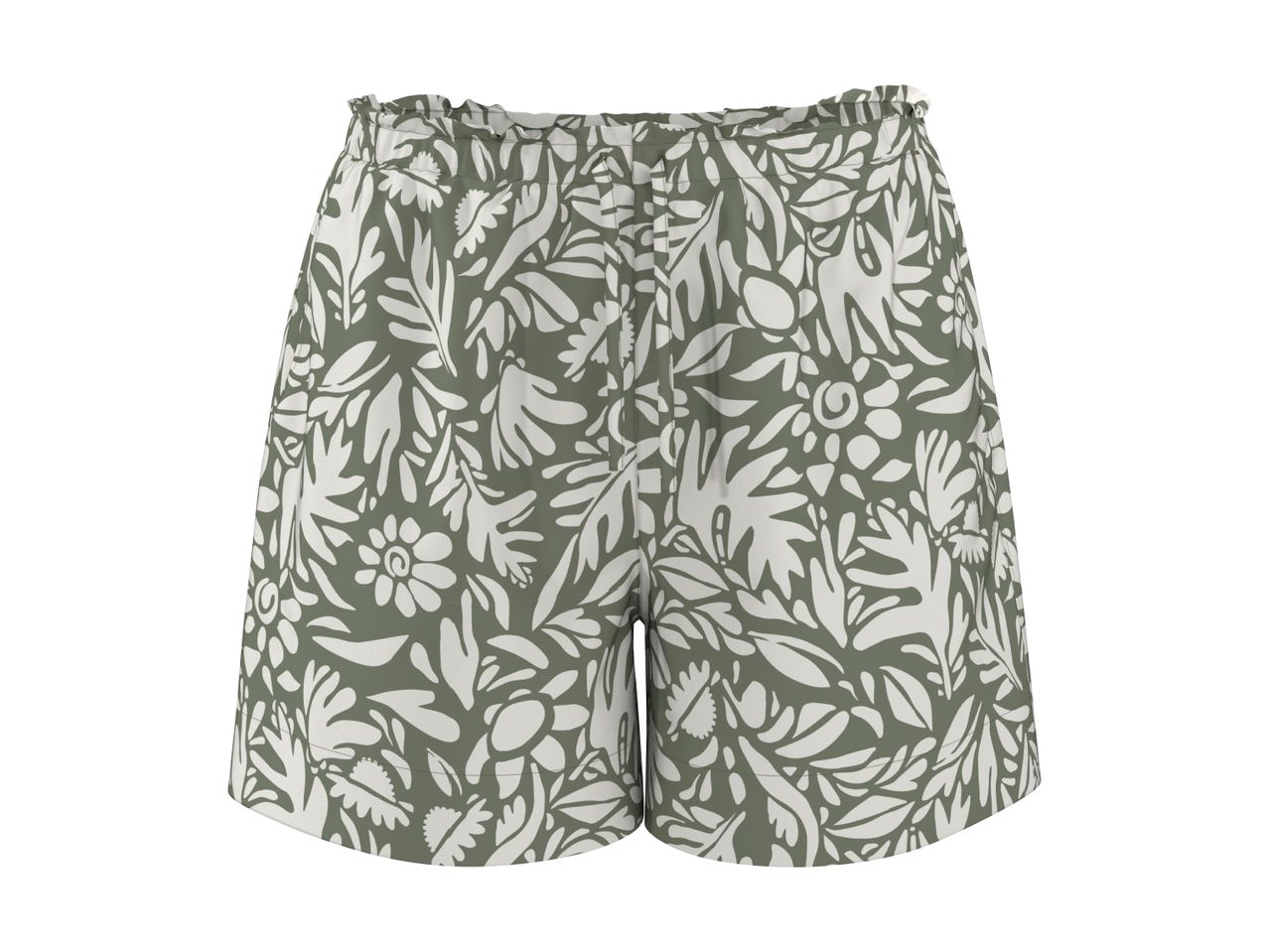 Grønne shorts med hvidt blomster- og bladprint og elastisk talje.