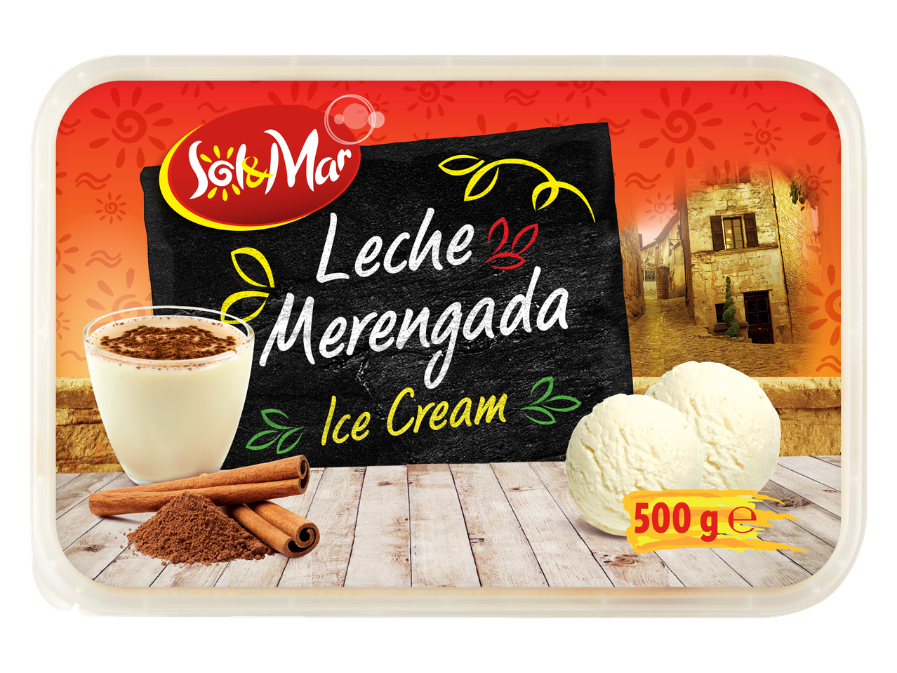 Inghețată Sol&Mar Leche Merengada cu aromă de caramel și scorțișoară.