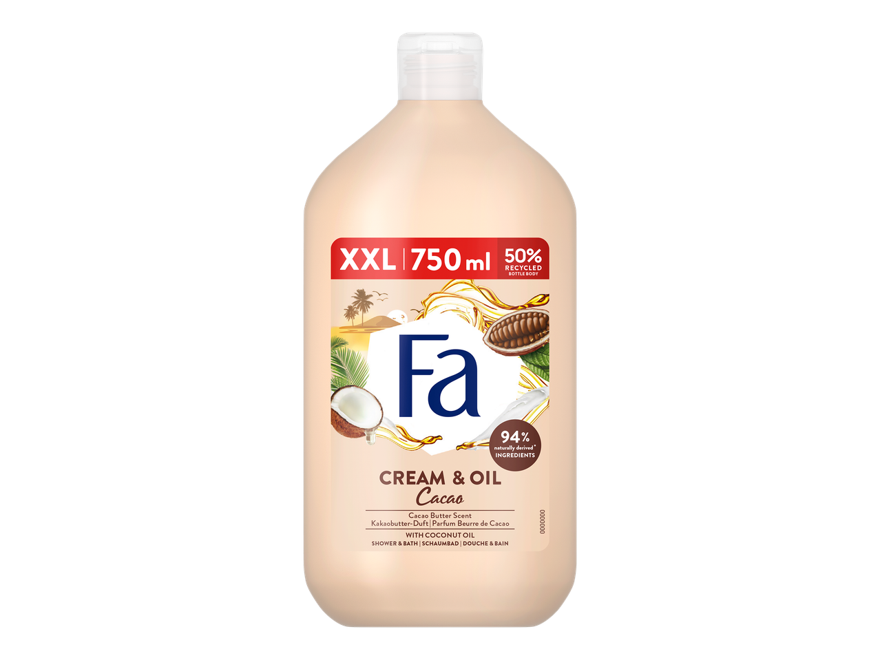 Velika steklenica kremnega in oljnega gela za tuširanje z vonjem kakavovega masla in kokosovim oljem.