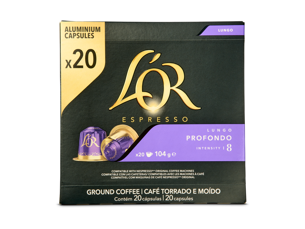 Zwarte doos met 20 aluminium koffiecapsules, Lungo Profondo, intensiteit 8.