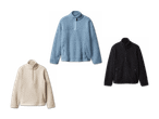 Drei Fleece-Pullover in Hellblau, Schwarz und Beige.