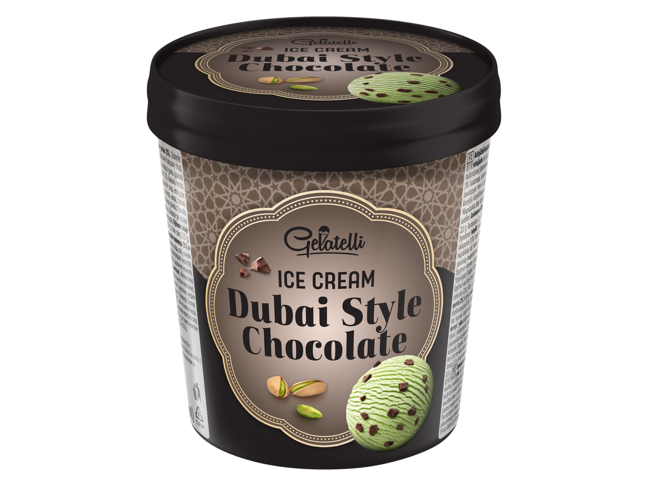 Înghețată Gelatelli Dubai Style Chocolate într-un recipient întunecat.
