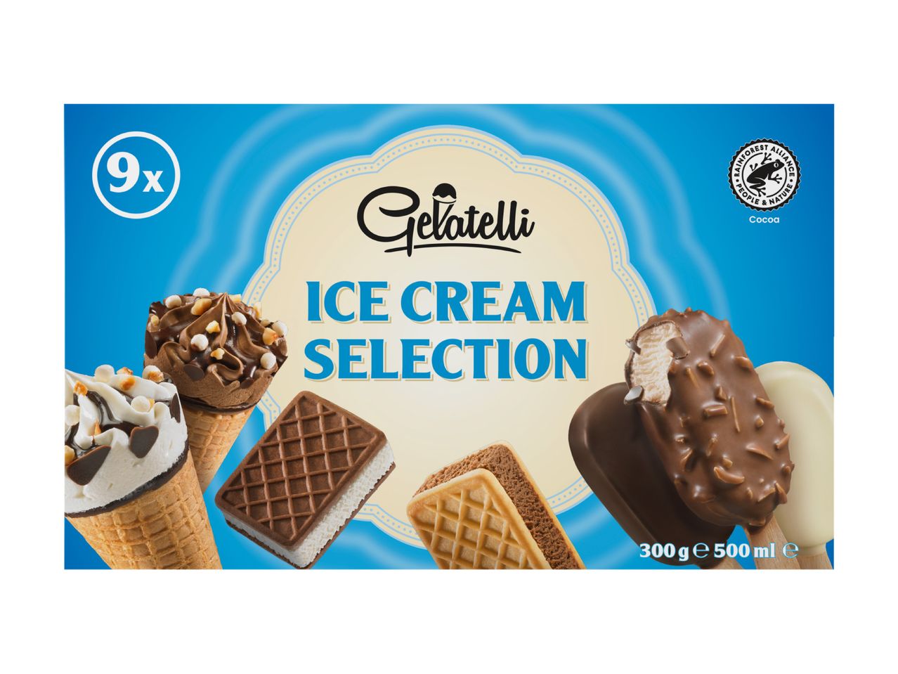 Ice cream selection box with cones, sandwiches, and bars, featuring a Rainforest Alliance cocoa logo.