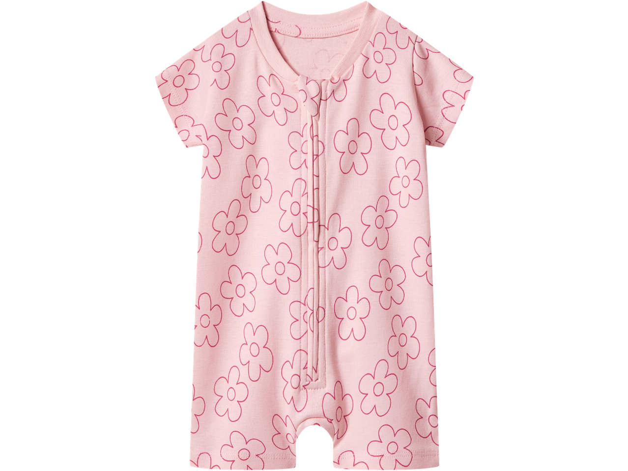 Ροζ βρεφικό φορμάκι LUPILU με σχέδιο λουλουδιών, μπροστινό φερμουάρ και κοντά μανίκια.