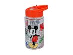 Clear water bottle with an orange lid and a cartoon mouse character design.