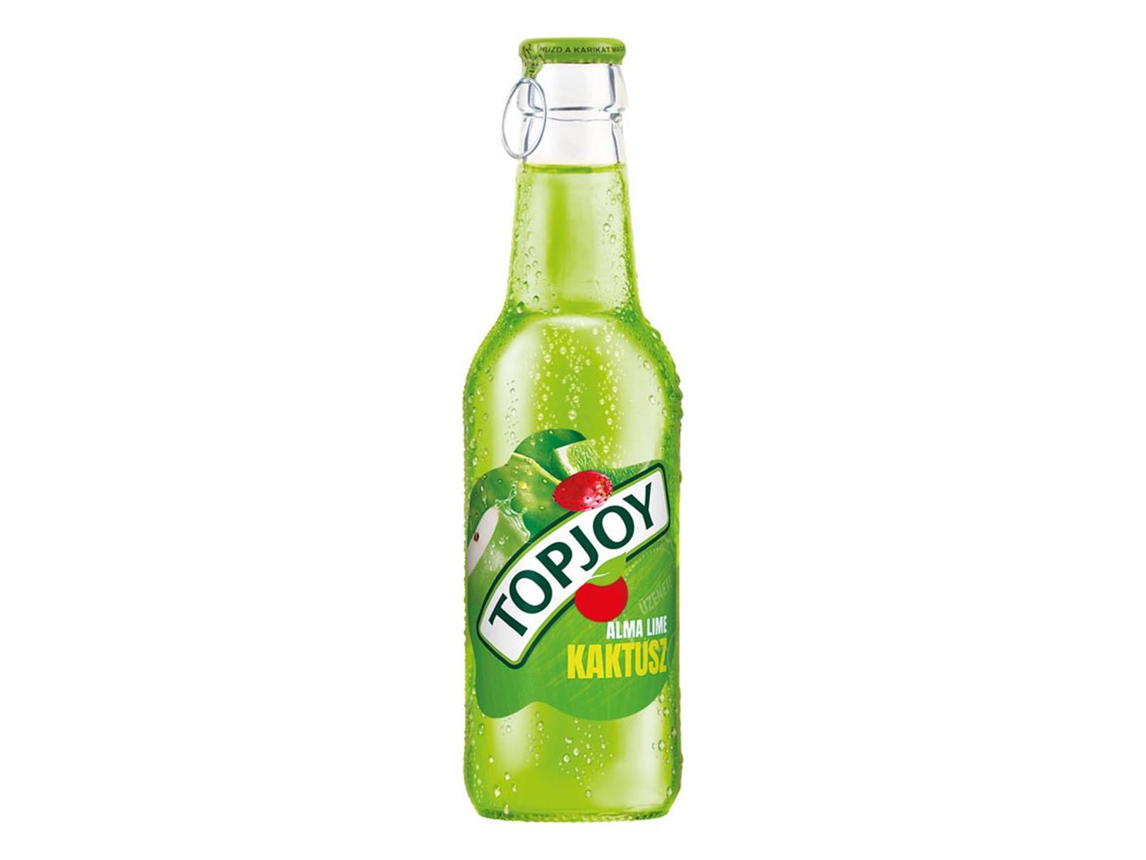 Zöld üdítőital üvegben, „TOPJOY ALMA LIME KAKTUSZ” felirattal