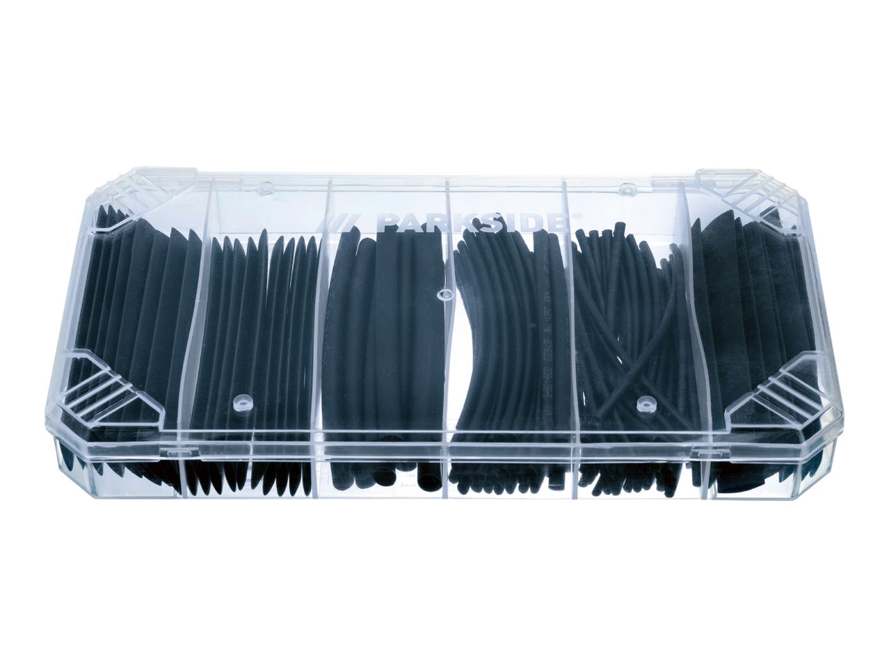 A clear plastic box filled with various sizes of black heat shrink tubing, branded Parkside.