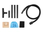 Vacuum cleaner accessories including hose, nozzles, extension tubes, paper bag, cloth bag, and foam filter.