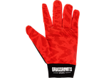 Red kids' football glove with a subtle pattern and 'GRASSROOTS SPORTS' logo on the cuff.