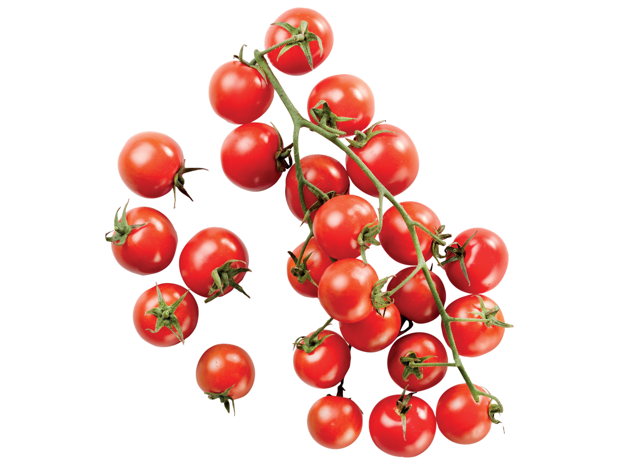 A cluster of fresh, ripe red cherry tomatoes on the vine.